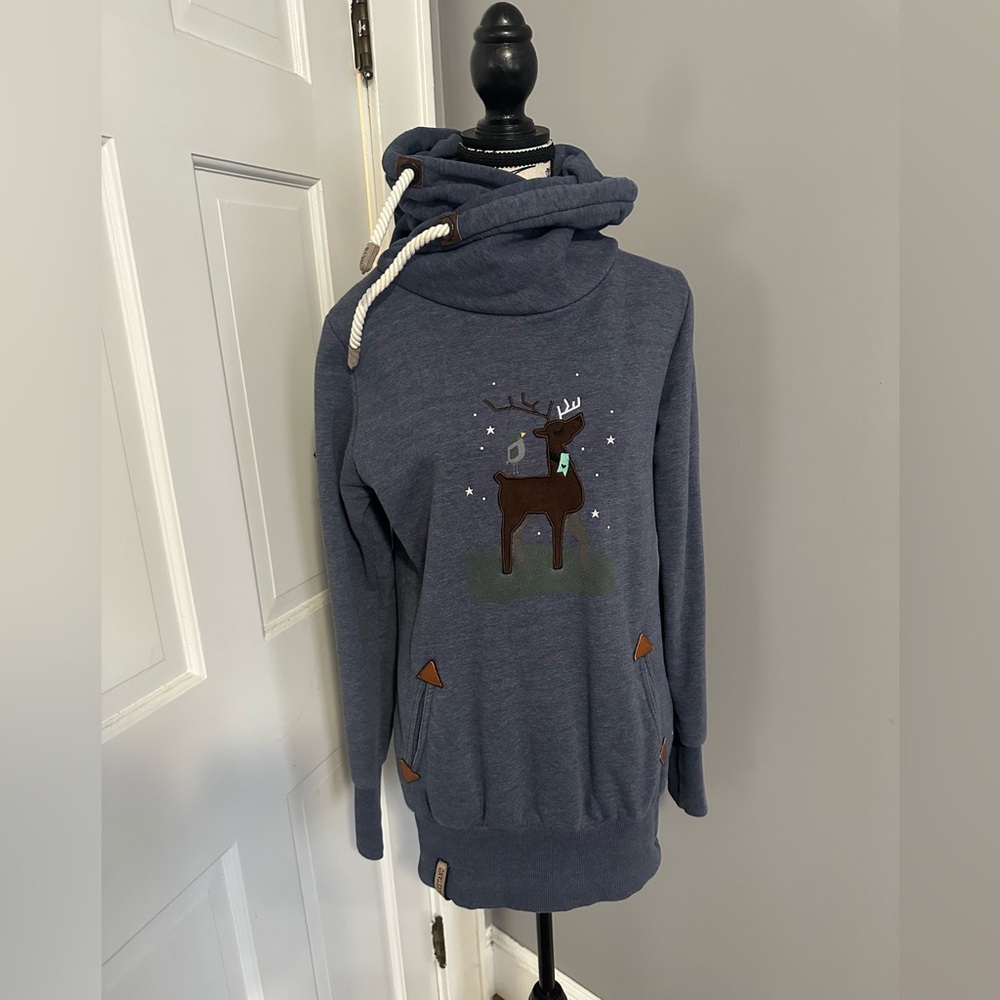 Medium Heather Blue Reindeer Print Naketano Tunic Sweatshirt